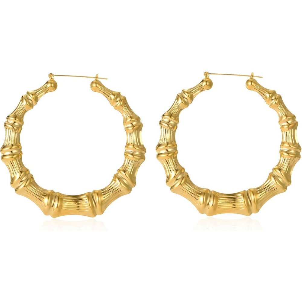 Large Bamboo Hoop Earring Hollow Casting Hip-Hop Statement Jewelry for Women Gol